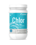 Weiße 1 kg Dose CLEAR Chlor Multi-Tabs mit türkisfarbenem Etikett – langsam lösliche 4-Funktionen-Chlortabletten für die Dauerdesinfektion im Pool. Ohne synthetische Bindemittel und Borsäure. Zur Desinfektion, Trübungsentfernung, Algenverhütung und Chlorstabilisierung.