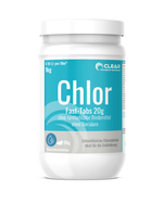 Weiße Dose mit türkisfarbenem Etikett der Marke CLEAR – Poolchemie mit Verantwortung. Produktname: ‚Chlor Fast-Tabs 20 g‘. Enthält 1 kg schnelllösliche Chlortabletten zur Wasserdesinfektion, ideal für die Stoßchlorung. Hervorgehoben: ohne synthetische Bindemittel, ohne Borsäure. Dosierangabe: 5–10 Tabletten pro 10 m³.