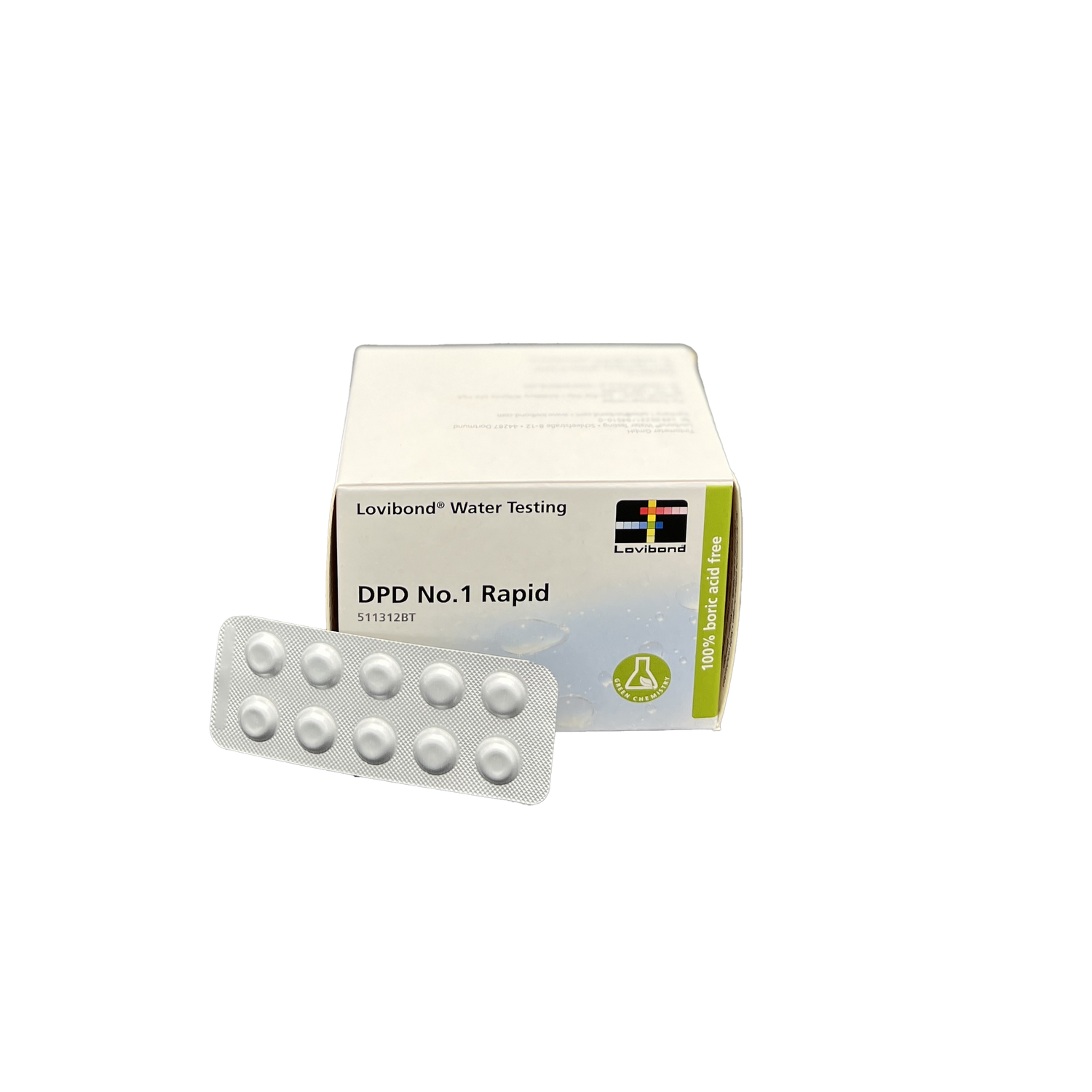 Lovibond® Water Testing – DPD No. 1 Rapid Tabletten zur Wasseranalyse. Abgebildet ist eine weiße Verpackung mit Lovibond-Logo und grünem Seitenetikett ‚100% boric acid free‘. Davor liegt ein Blisterstreifen mit 10 Tabletten, freigestellt auf transparentem Hintergrund.