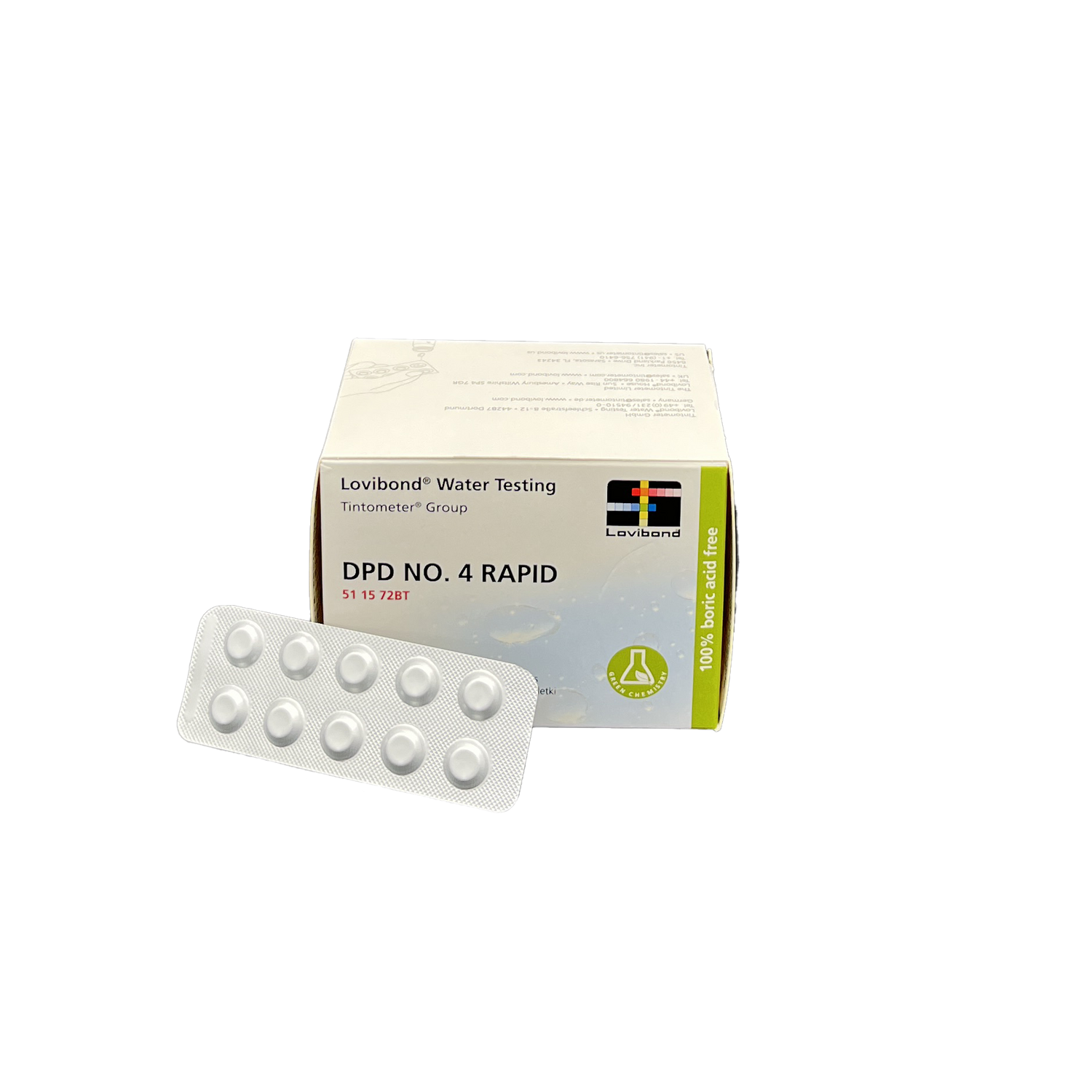 Verpackung der Lovibond® Water Testing Tabletten ‚DPD No. 4 Rapid‘ zur Wasseranalyse. Abgebildet ist eine weiße Schachtel mit grüner Seitenmarkierung und dem Lovibond-Logo sowie ein Blister mit 10 Tabletten zur Wasserdesinfektionskontrolle. Freigestellt auf transparentem Hintergrund.