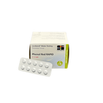 Verpackung der Lovibond® Water Testing Tabletten ‚Phenol Red RAPID‘ zur pH-Wert-Bestimmung im Poolwasser. Weiße Schachtel mit Lovibond-Logo, grüner Seitenleiste mit ‚100% boric acid free‘-Hinweis und ein Blister mit 10 Tabletten, freigestellt auf transparentem Hintergrund.