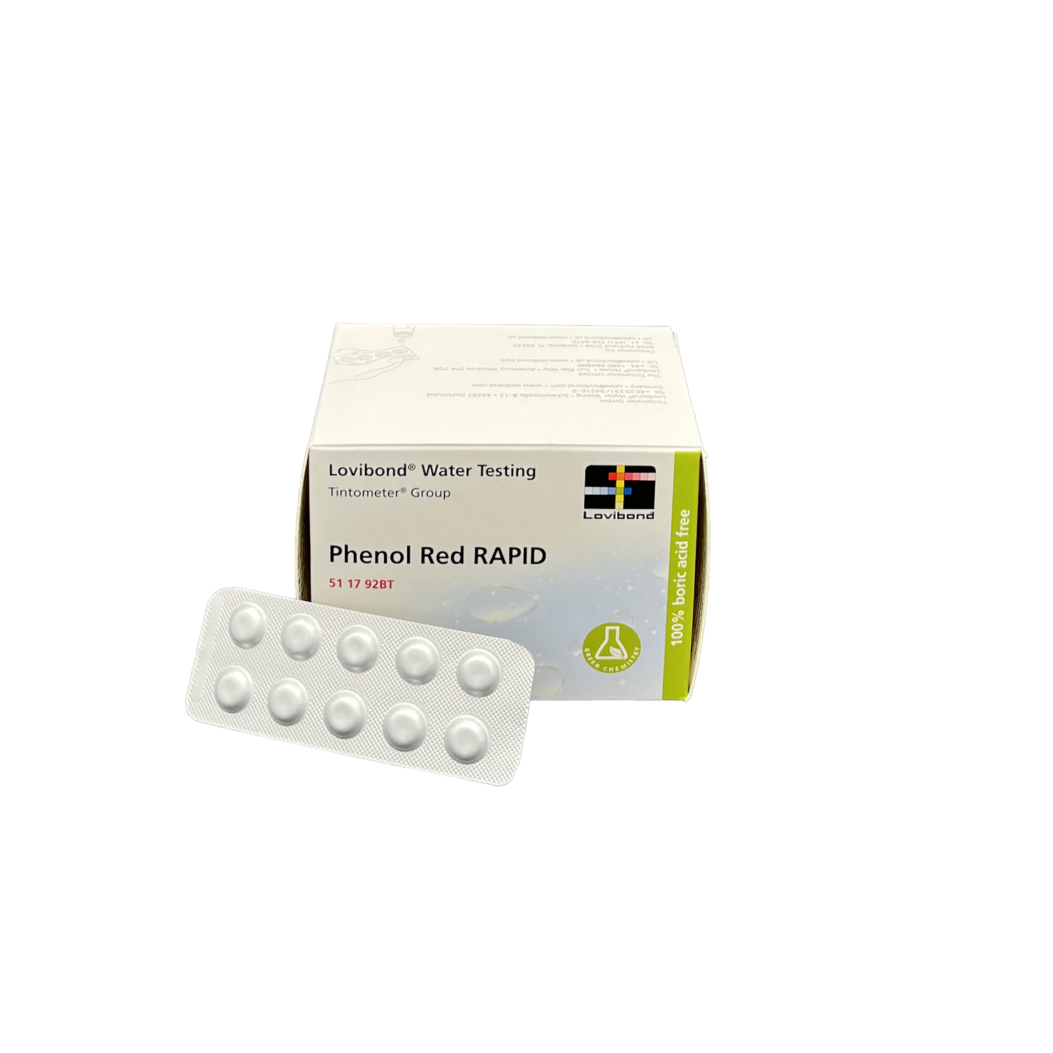 Verpackung der Lovibond® Water Testing Tabletten ‚Phenol Red RAPID‘ zur pH-Wert-Bestimmung im Poolwasser. Weiße Schachtel mit Lovibond-Logo, grüner Seitenleiste mit ‚100% boric acid free‘-Hinweis und ein Blister mit 10 Tabletten, freigestellt auf transparentem Hintergrund.