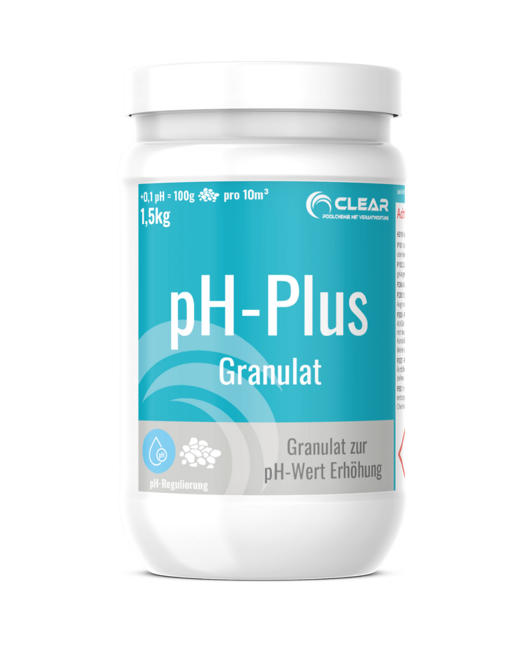 Weiße Kunststoffdose mit türkisem Etikett des Produkts ‚pH-Plus Granulat‘ von CLEAR – Poolchemie mit Verantwortung. Die Dose enthält 1,5 kg Granulat zur Erhöhung des pH-Werts im Poolwasser. Auf dem Etikett sind Dosierhinweise und Symbole für pH-Regulierung und Granulat abgebildet.