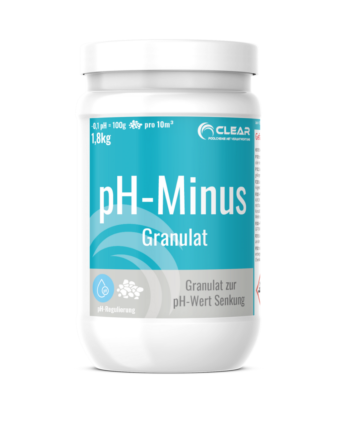 Weiße Dose CLEAR pH-Minus Granulat mit blauem Etikett – zur pH-Wert-Senkung im Poolwasser. Enthält 1,8 kg Granulat für präzise Dosierung.