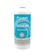 Weiße Kunststoffflasche mit türkisem Etikett des Produkts ‚Grundrein Intensivreiniger‘ von CLEAR – Poolchemie mit Verantwortung. Beschriftung: Alkalisches, lösungsmittelfreies Spezialreinigungsmittel für Poolfolien und Kunststoffoberflächen. Freigestellt auf weißem Hintergrund.