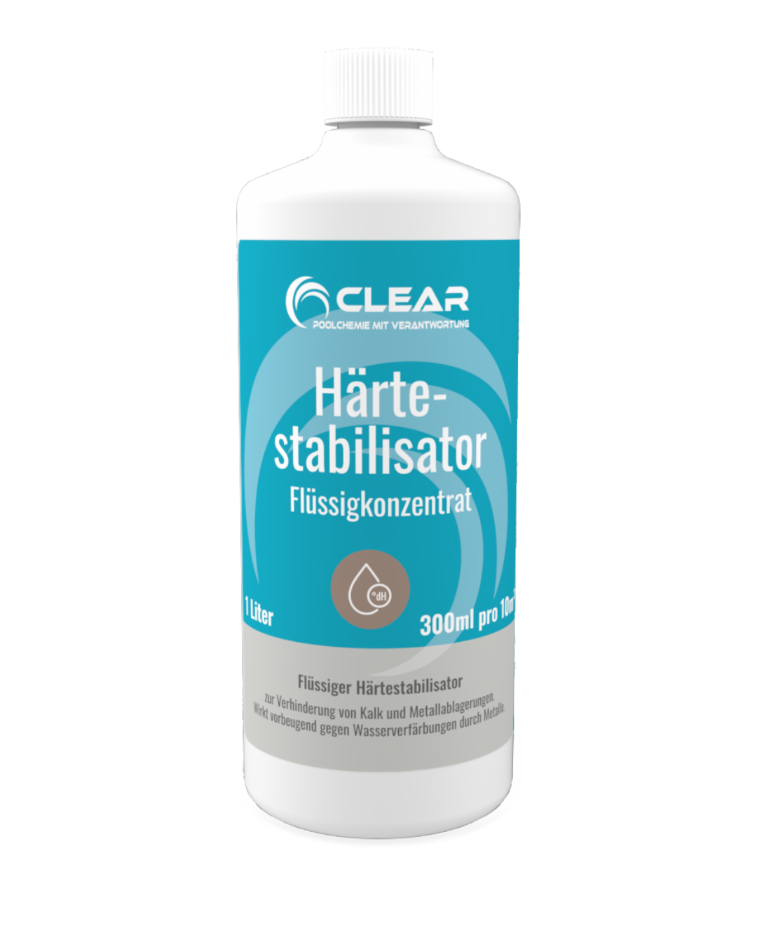 Weiße Kunststoffflasche mit türkisfarbenem Etikett des Produkts ‚Härtestabilisator Flüssigkonzentrat‘ der Marke CLEAR – Poolchemie mit Verantwortung. Beschriftet mit Dosierangabe ‚1 Liter, 300 ml pro 10 m³‘. Das Mittel dient zur Verhinderung von Kalk- und Metallablagerungen und wirkt vorbeugend gegen Wasserverfärbungen durch Metalle.