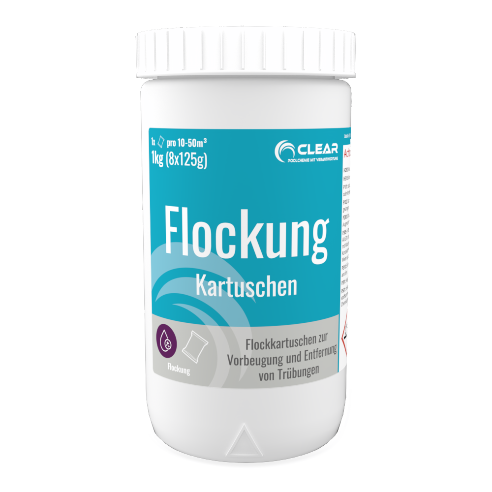 CLEAR Flockung Kartuschen – 1kg (8×125g) zur Poolwasserklärung. Für Becken mit 10–50 m³ Volumen. Entfernt Trübungen und verbessert die Filterwirkung.