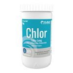 Weiße 1 kg Dose CLEAR Chlor Tabs-Long mit türkisfarbenem Etikett – langsam lösliche Chlortabletten zur Dauerdesinfektion, ohne synthetische Bindemittel und ohne Borsäure.