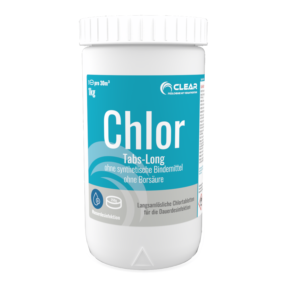 Weiße 1 kg Dose CLEAR Chlor Tabs-Long mit türkisfarbenem Etikett – langsam lösliche Chlortabletten zur Dauerdesinfektion, ohne synthetische Bindemittel und ohne Borsäure.