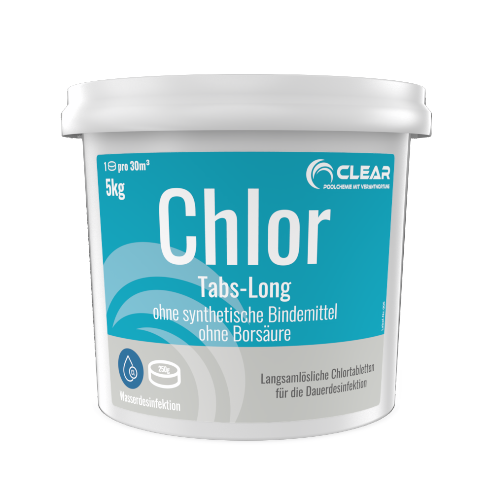 Großer weißer Eimer CLEAR Chlor Tabs-Long 5 kg mit türkisfarbenem Etikett – langsam lösliche Chlortabletten zur Dauerdesinfektion, ohne synthetische Bindemittel und ohne Borsäure.
