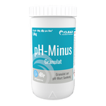 Weiße Dose CLEAR pH-Minus Granulat 1,8 kg mit blauem Etikett zur Senkung des pH-Werts im Pool – geeignet für 10 m³ Wasser.