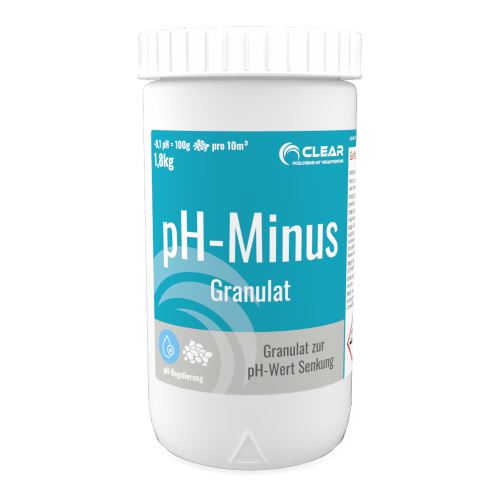 Weiße Dose CLEAR pH-Minus Granulat 1,8 kg mit blauem Etikett zur Senkung des pH-Werts im Pool – geeignet für 10 m³ Wasser.
