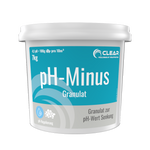 Weiße Kunststoffdose CLEAR pH-Minus Granulat mit türkisfarbenem Etikett – 7 kg zur effektiven Senkung des pH-Werts im Poolwasser.