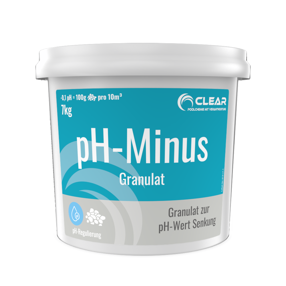 Weiße Kunststoffdose CLEAR pH-Minus Granulat mit türkisfarbenem Etikett – 7 kg zur effektiven Senkung des pH-Werts im Poolwasser.