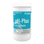 Produktdarstellung eines weißen Kunststoffbehälters mit türkisfarbenem Etikett der Marke CLEAR – Poolchemie mit Verantwortung. Aufschrift: ‚pH-Plus Granulat – Granulat zur pH-Wert Erhöhung‘. Das Etikett zeigt Dosierangaben (1,5 kg, 100 g pro 10 m³) und Symbole für pH-Regulierung und Granulat. Freigestellt mit transparentem Hintergrund.