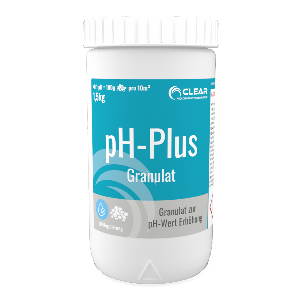 Produktdarstellung eines weißen Kunststoffbehälters mit türkisfarbenem Etikett der Marke CLEAR – Poolchemie mit Verantwortung. Aufschrift: ‚pH-Plus Granulat – Granulat zur pH-Wert Erhöhung‘. Das Etikett zeigt Dosierangaben (1,5 kg, 100 g pro 10 m³) und Symbole für pH-Regulierung und Granulat. Freigestellt mit transparentem Hintergrund.