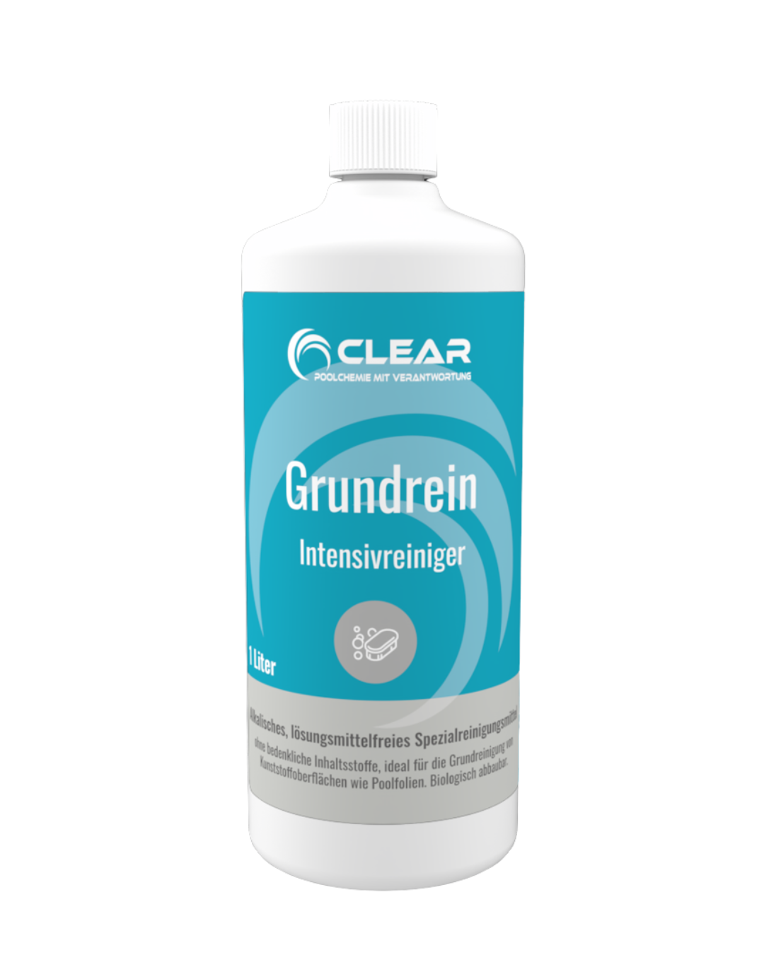 Weiße Kunststoffflasche mit türkisem Etikett des Produkts ‚Grundrein Intensivreiniger‘ von CLEAR – Poolchemie mit Verantwortung. Beschriftung: Alkalisches, lösungsmittelfreies Spezialreinigungsmittel für Poolfolien und Kunststoffoberflächen. Freigestellt auf weißem Hintergrund.