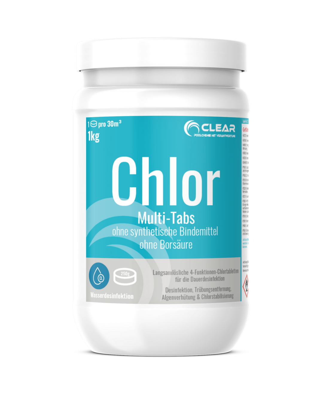 Weiße 1 kg Dose CLEAR Chlor Multi-Tabs mit türkisfarbenem Etikett – langsam lösliche 4-Funktionen-Chlortabletten für die Dauerdesinfektion im Pool. Ohne synthetische Bindemittel und Borsäure. Zur Desinfektion, Trübungsentfernung, Algenverhütung und Chlorstabilisierung.