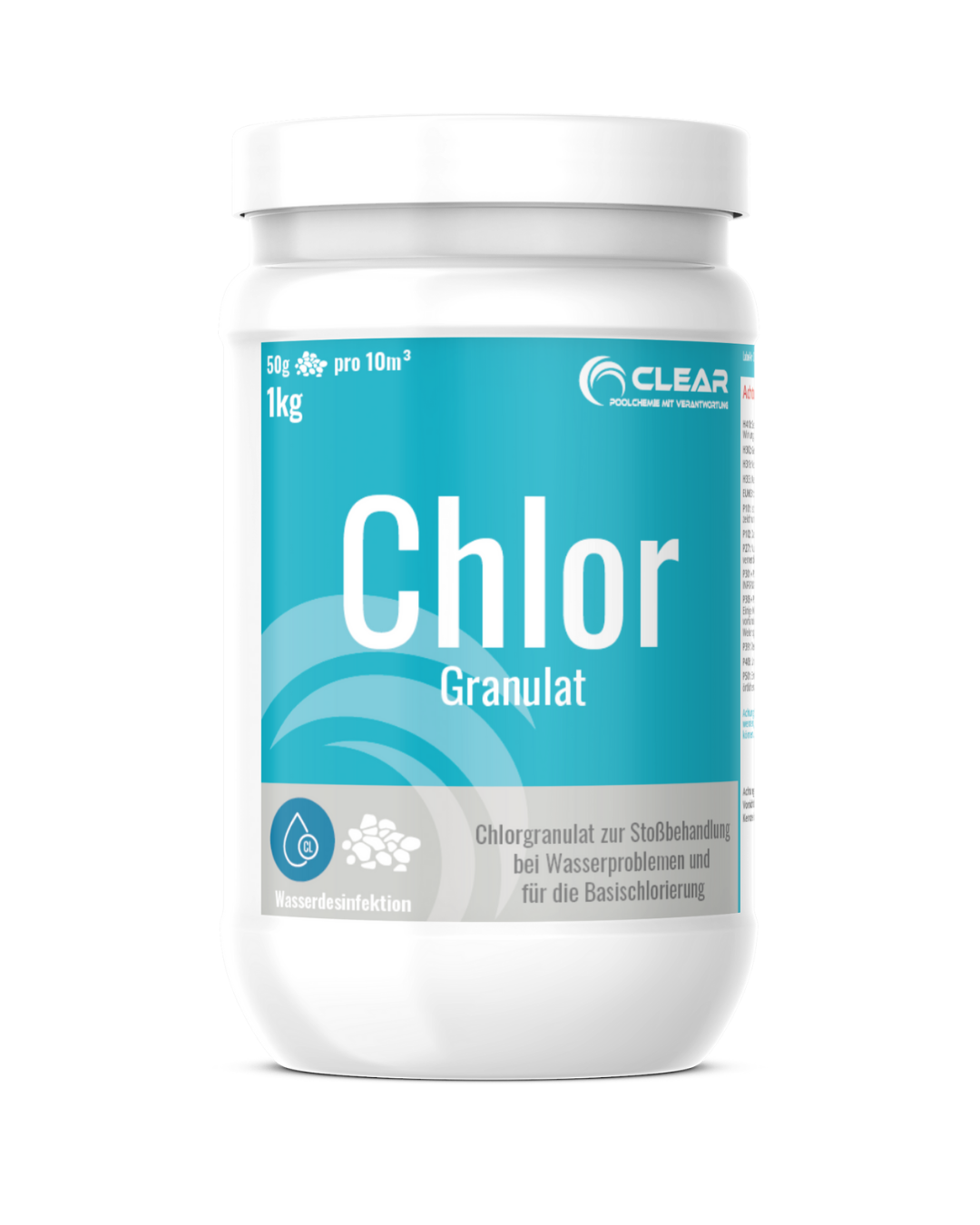 Weiße 1 kg Dose CLEAR Chlor Granulat mit türkisfarbenem Etikett – Chlorgranulat zur Stoßbehandlung bei Wasserproblemen und zur Basischlorierung, geeignet für die Wasserdesinfektion.