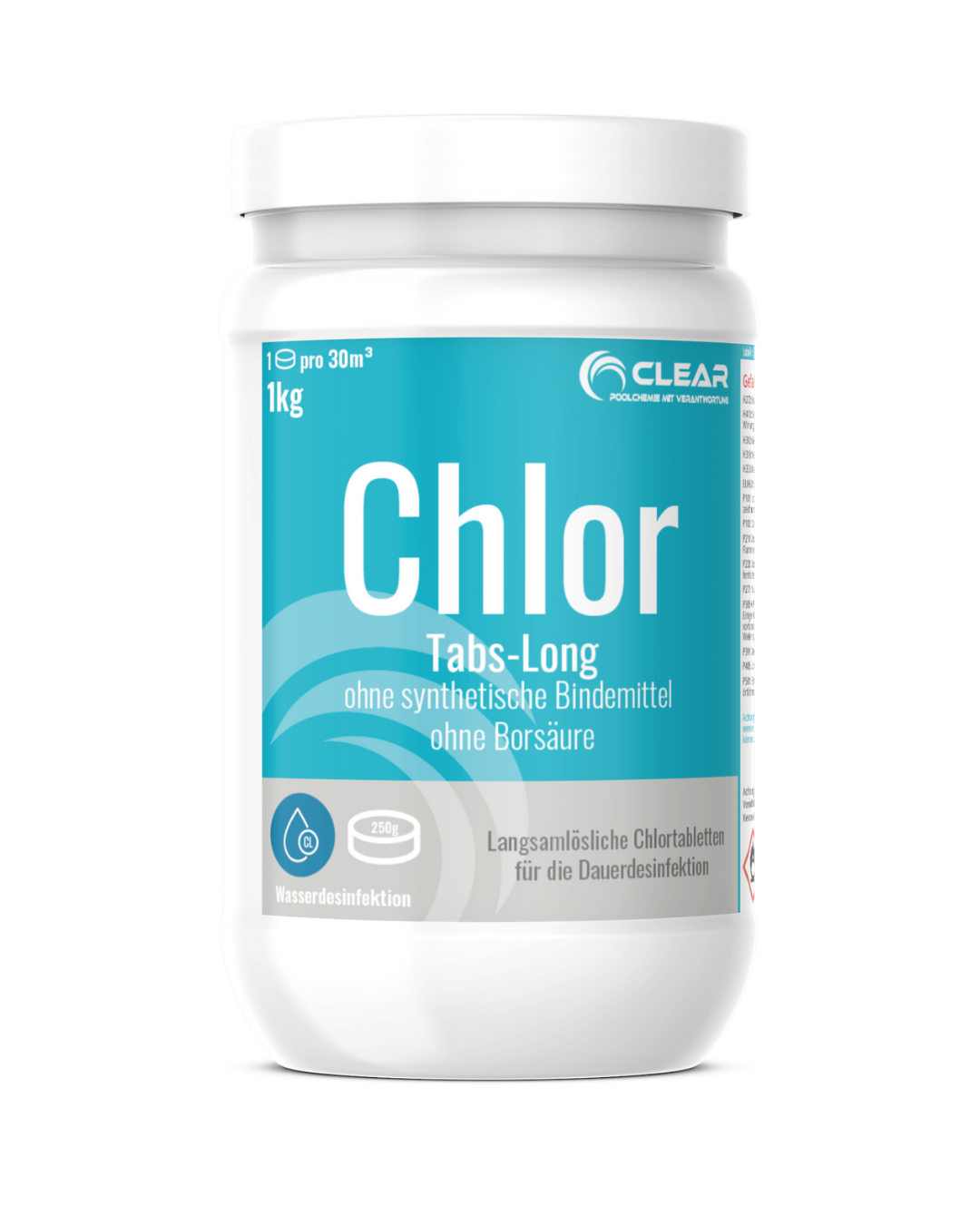 Weiße Dose CLEAR Chlor Tabs-Long 1 kg mit blauem Etikett – langsam lösliche Chlortabletten zur Dauerdesinfektion ohne synthetische Bindemittel und ohne Borsäure.