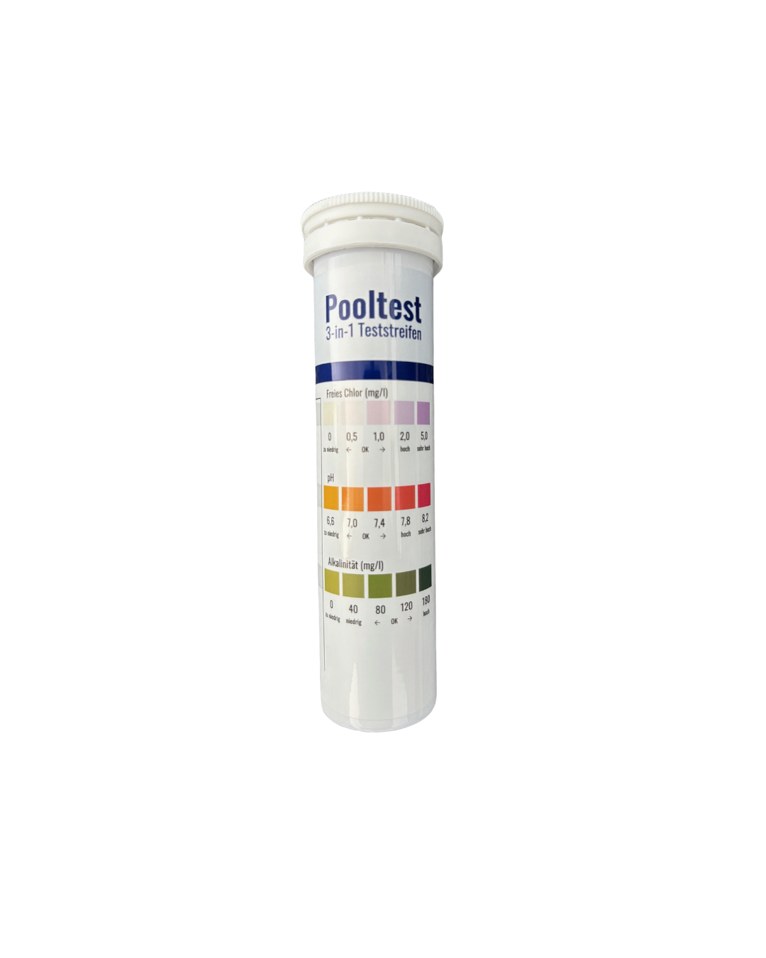 Weiße Kunststoffdose mit der Aufschrift ‚Pooltest 3-in-1 Teststreifen‘. Die Etikette zeigt eine Farbskala zur Analyse von freiem Chlor, pH-Wert und Alkalinität im Poolwasser. Die Skalen sind farblich abgestuft zur Orientierung bei der Wasseranalyse.