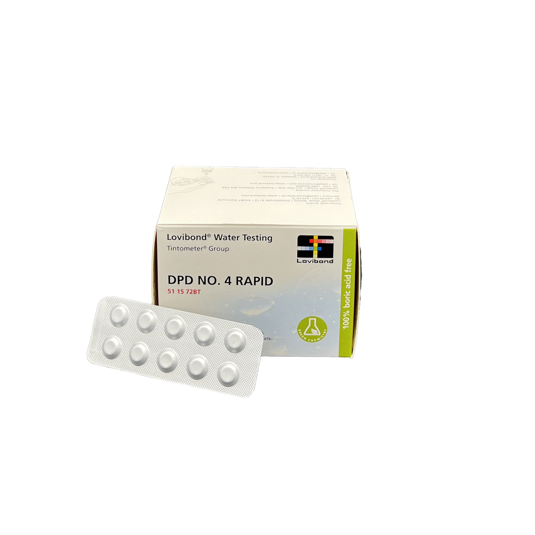 Verpackung der Lovibond® Water Testing Tabletten ‚DPD No. 4 Rapid‘ zur Wasseranalyse. Abgebildet ist eine weiße Schachtel mit grüner Seitenmarkierung und dem Lovibond-Logo sowie ein Blister mit 10 Tabletten zur Wasserdesinfektionskontrolle. Freigestellt auf transparentem Hintergrund.