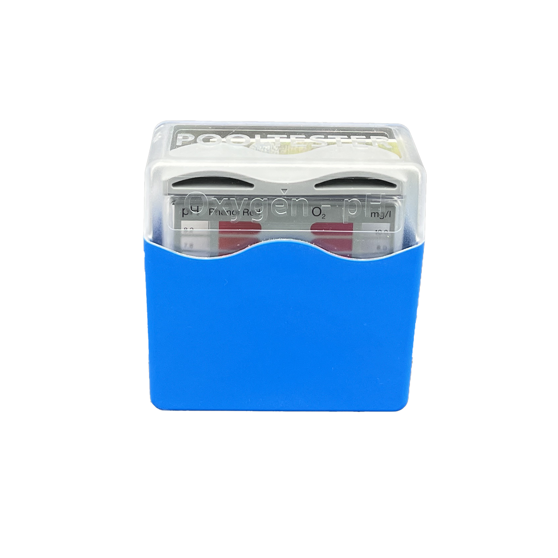 „Pooltester im blauen Kunststoffgehäuse mit transparenter Abdeckung. Sichtbar sind zwei Messkammern zur manuellen Wasseranalyse, beschriftet mit ‚Oxygen‘ und ‚pH‘ sowie entsprechenden Farbskalen zur Auswertung.