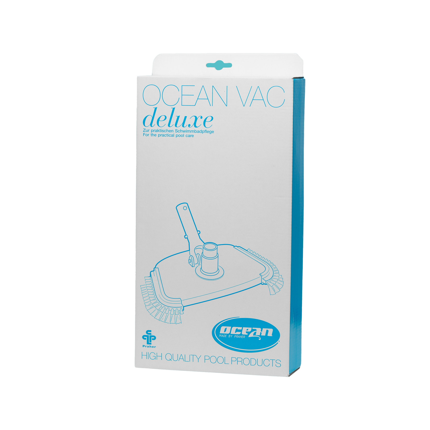 „Verpackung des Poolreinigungszubehörs ‚OCEAN VAC deluxe‘ von Praher. Weiße Kartonverpackung mit türkisblauer Aufschrift und technischer Linienzeichnung eines Bodensaugers. Beschriftung auf Deutsch und Englisch: ‚Zur praktischen Schwimmbadpflege / For the practical pool care‘ sowie ‚High Quality Pool Products‘.