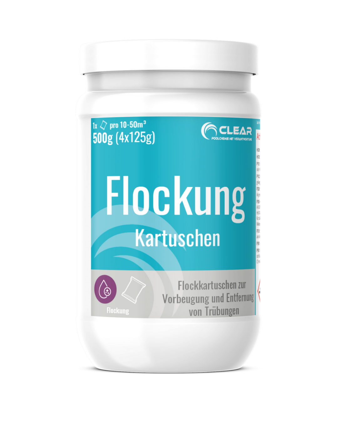 Dose CLEAR Flockung Kartuschen – 500g Inhalt (4x125g) zur Vorbeugung und Entfernung von Trübungen im Poolwasser. Für 10–50 m³ Beckenvolumen geeignet.