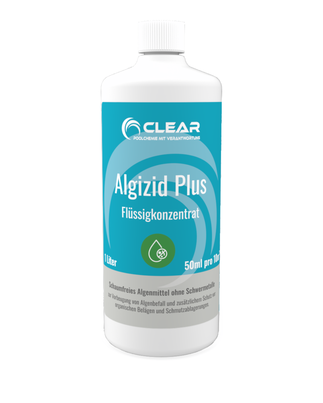 CLEAR Algizid Plus – schaumfreies Algenmittel ohne Schwermetalle zur Poolpflege, 1 Liter Flüssigkonzentrat.