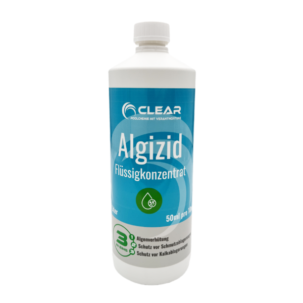 Flasche mit Algizid von CLEAR - Poolchemie mit Verantwortung