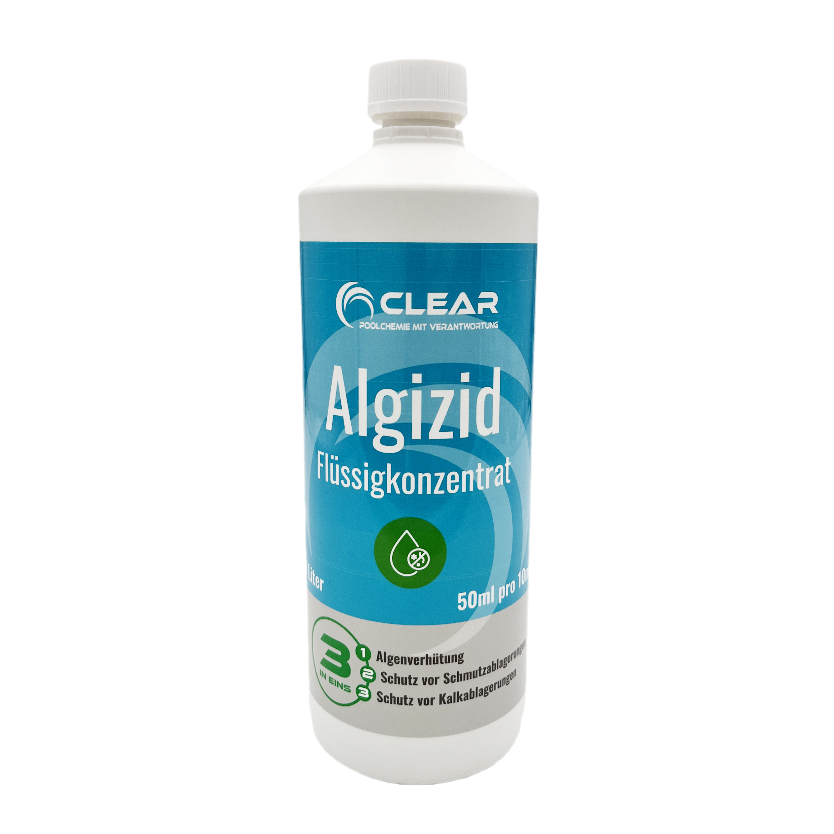 Flasche mit Algizid von CLEAR - Poolchemie mit Verantwortung