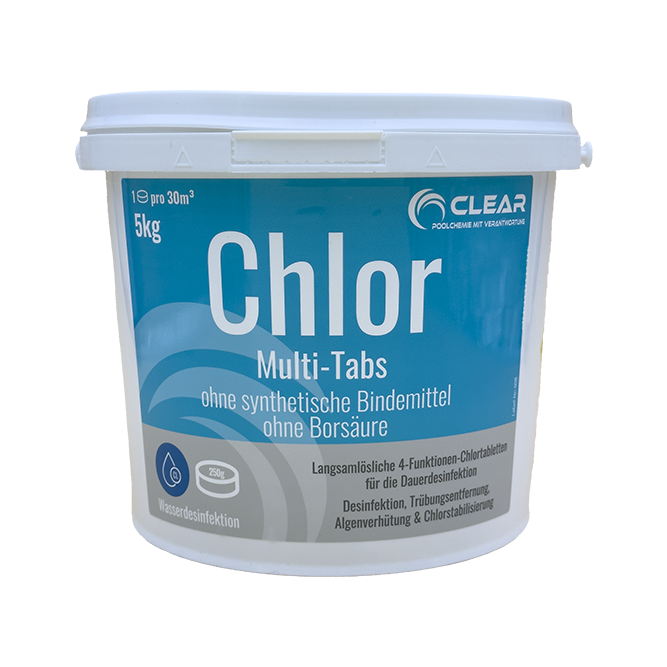 Kübel mit Chlor Multi-Tabs von CLEAR - Poolchemie mit Verantwortung