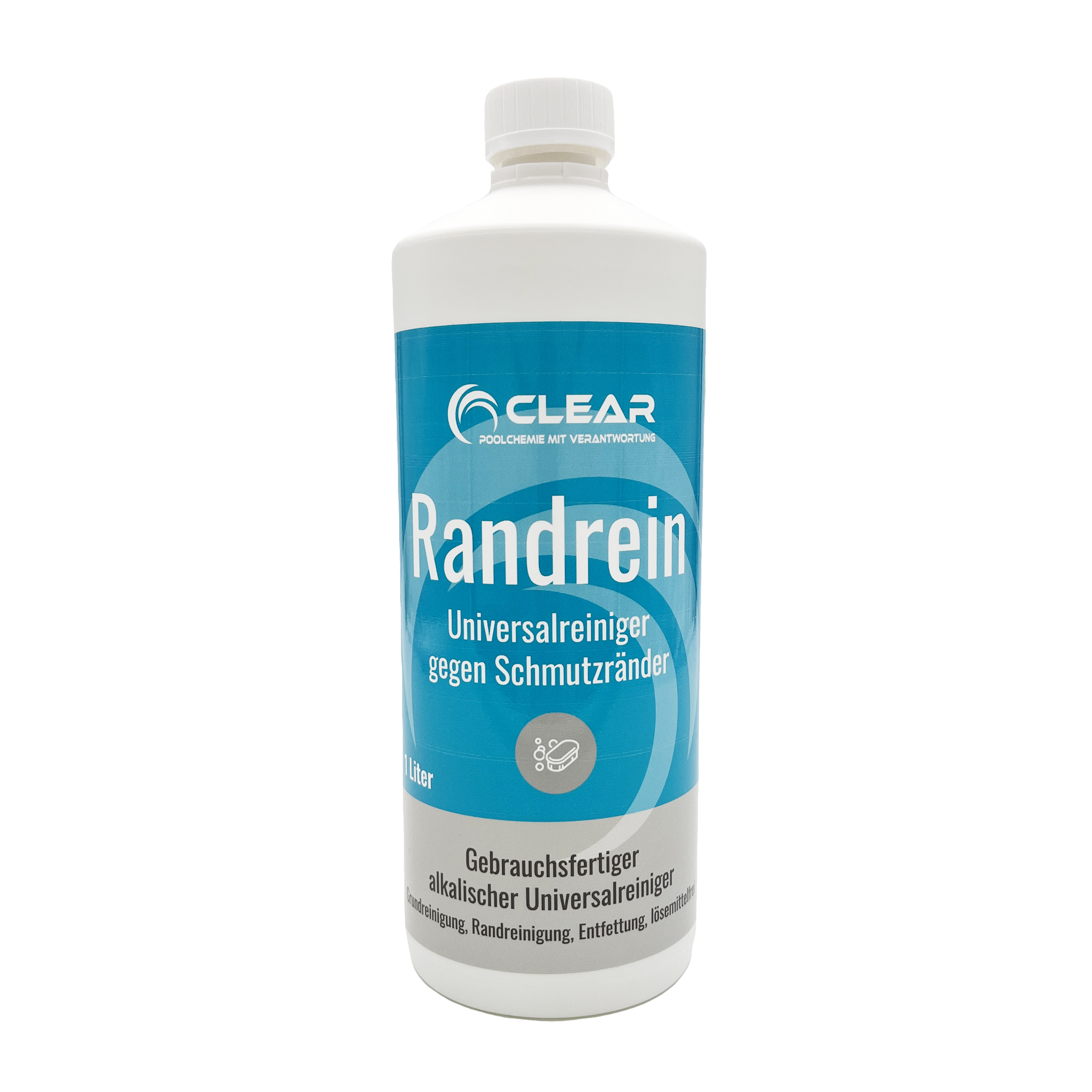 Flasche mit Randrein Universalreiniger gegen Schmutzränder von CLEAR - Poolchemie mit Verantwortung