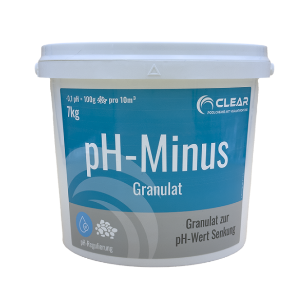 Kübel mit pH-Minus Granulat von CLEAR - Poolchemie mit Verantwortung