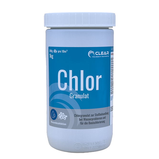 Dose mit Chlorgranulat von CLEAR - Poolchemie mit Verantwortung