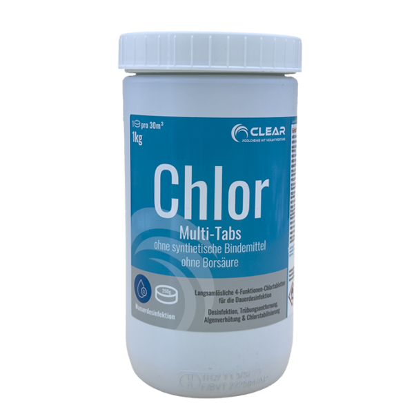 Dose mit Multi-Tabs Chlortabletten von CLEAR - Poolchemie mit Verantwortung