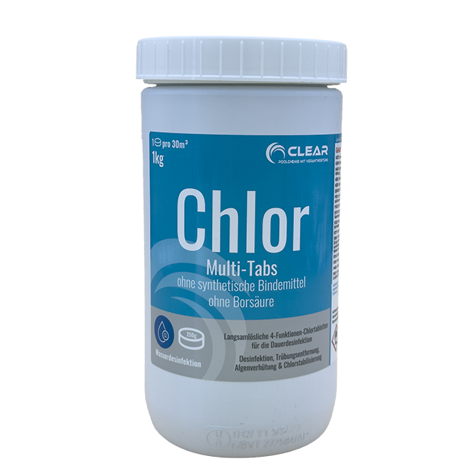 Dose mit Multi-Tabs Chlortabletten von CLEAR - Poolchemie mit Verantwortung