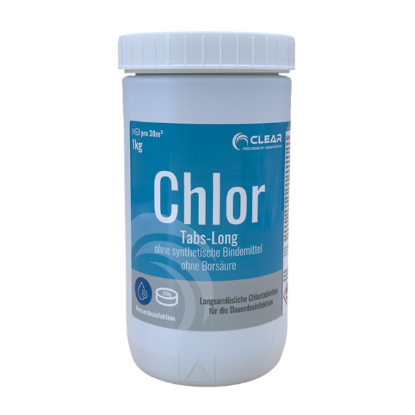 Dose mit Chlor Tabs-Long von CLEAR - Poolchemie mit Verantwortung