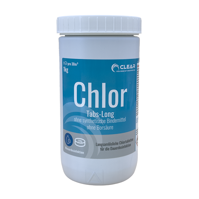 Dose mit Chlor Tabs-Long von CLEAR - Poolchemie mit Verantwortung