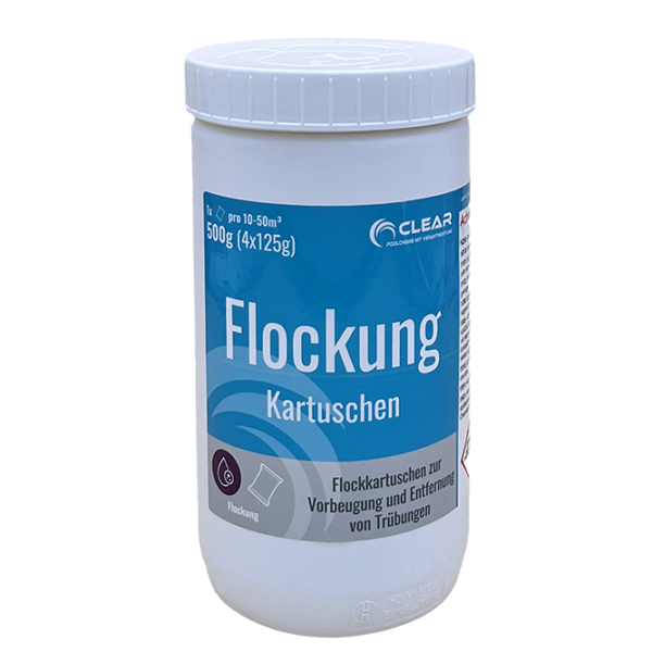 Dose mit Flockkartuschen von CLEAR - Poolchemie mit Verantwortung