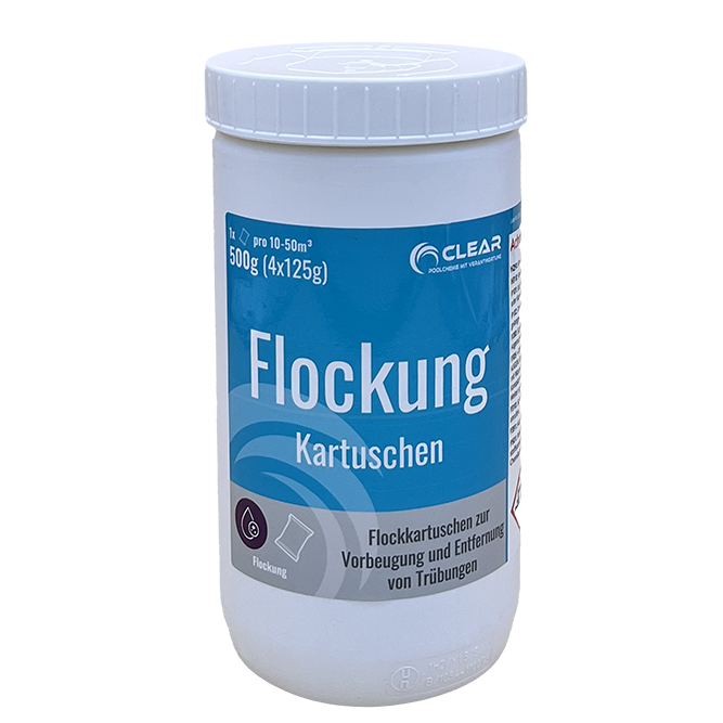 Dose mit Flockkartuschen von CLEAR - Poolchemie mit Verantwortung