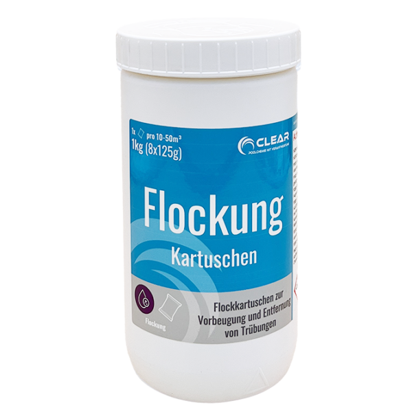 Dose mit Flockkartuschen von CLEAR - Poolchemie mit Verantwortung