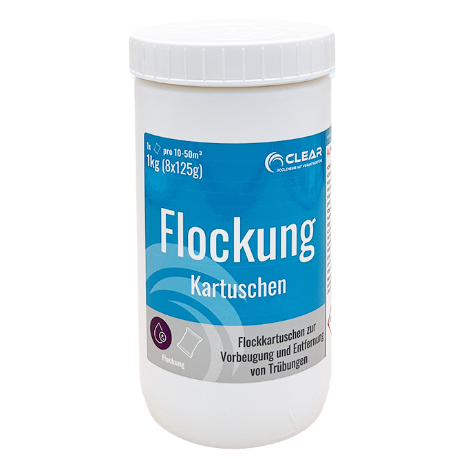 Dose mit Flockkartuschen von CLEAR - Poolchemie mit Verantwortung